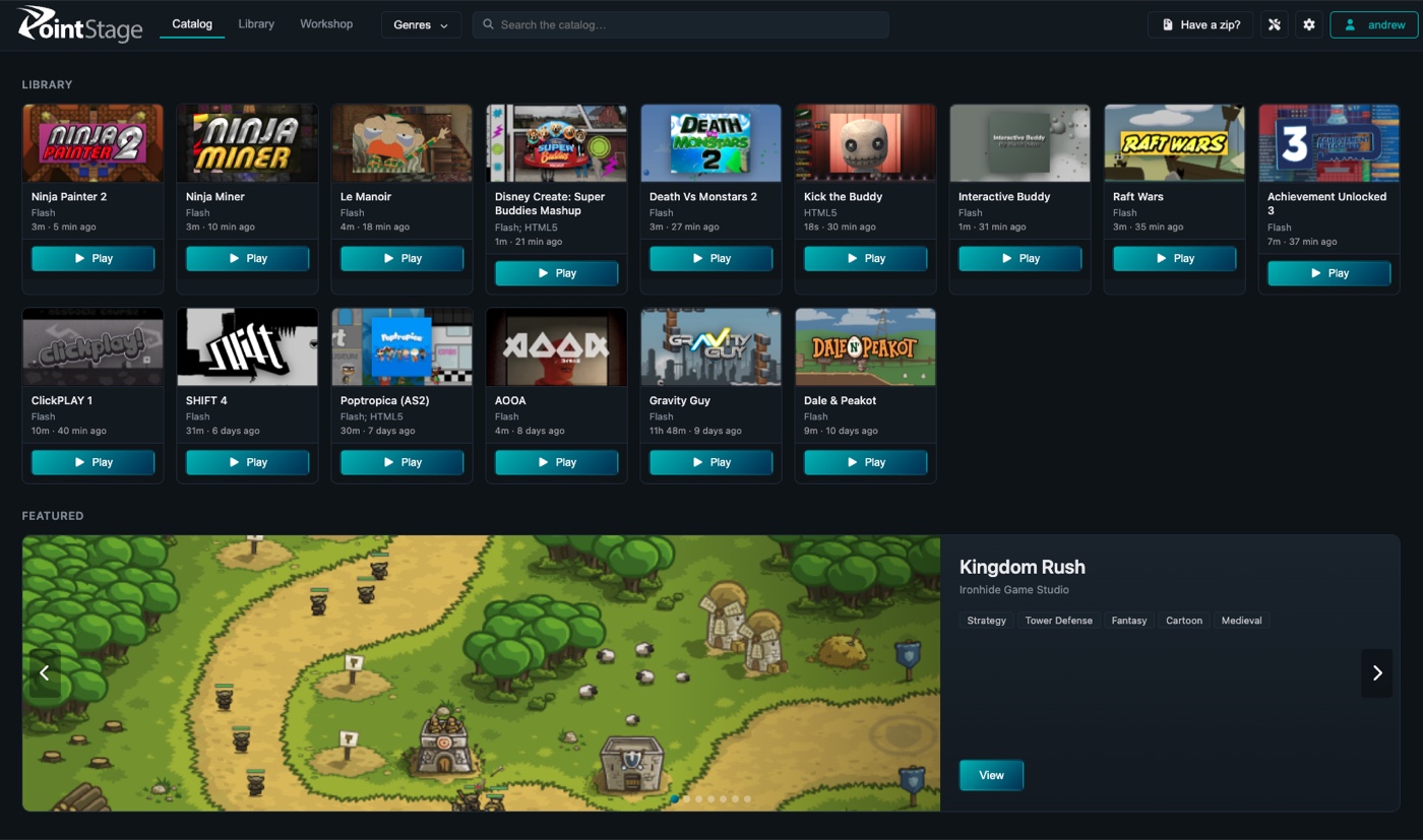The PointStage app showing a library of Flash and HTML5 games with Play buttons, a search bar, a Genres menu, and a featured game banner.